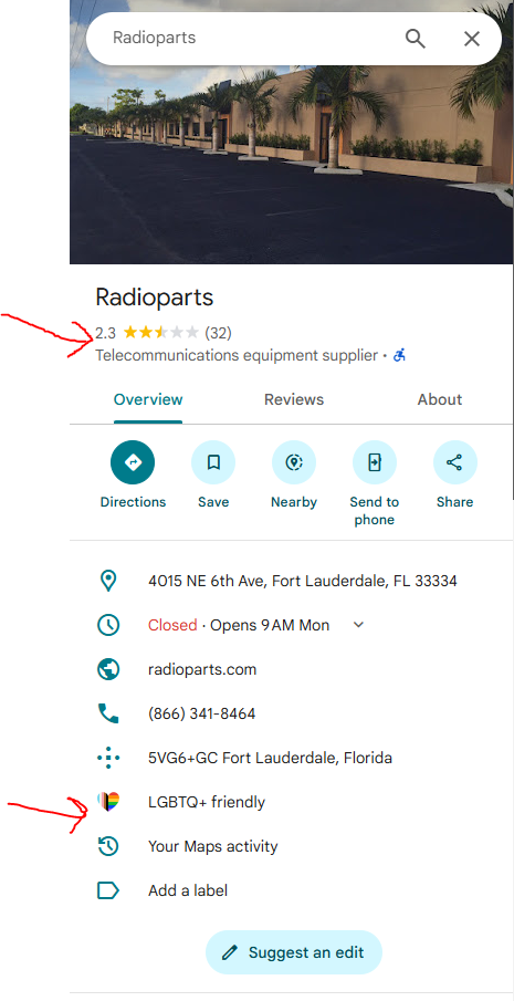 Google Maps screenshot for Radioparts showing a 2.3 rating, 32 reviews, 4015 NE 6th Ave Fort Lauderdale FL 33334, website radioparts.com, and phone number for the business